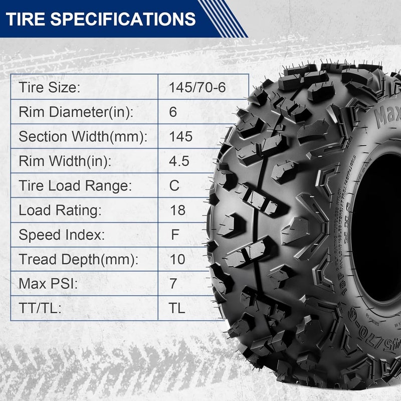 MaxAuto 145/70-6 إطارات دراجة نارية صغيرة كواد كارت، 145-70-6 إطارات ATV بدون أنبوب، عبوة 2 - Image 3